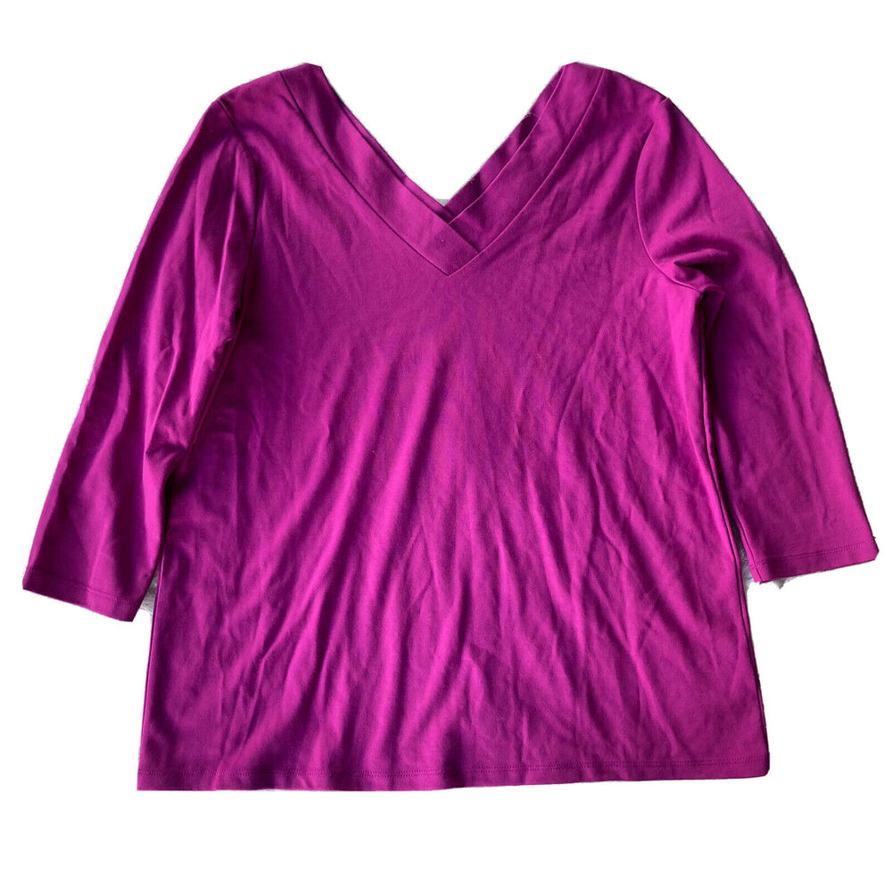 Halogen Womens Sz M Top Magenta Pink 3/4 Sleeve Double V Neck Stretch Colorful